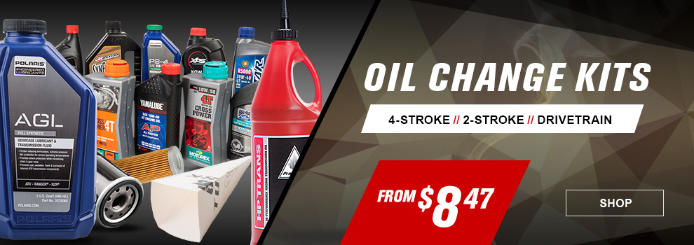 Oil Change Kits, 4-Stroke, 2-Stroke, Drivetrain, from $8 and 47 cents, a collage of oils and chemicals, link, shop